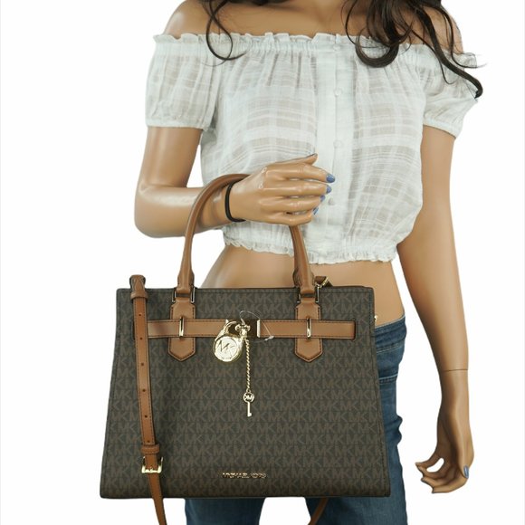 Michael Kors Hamilton Medium Satchel Shoulder Bag MK Signature Brown - Picture 1 of 13